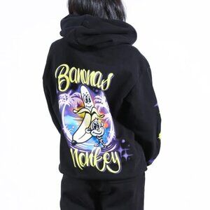 Bananas Monkey Pullover Hoodie‎ Unisex Small Black Airbrush Graphic Streetwear